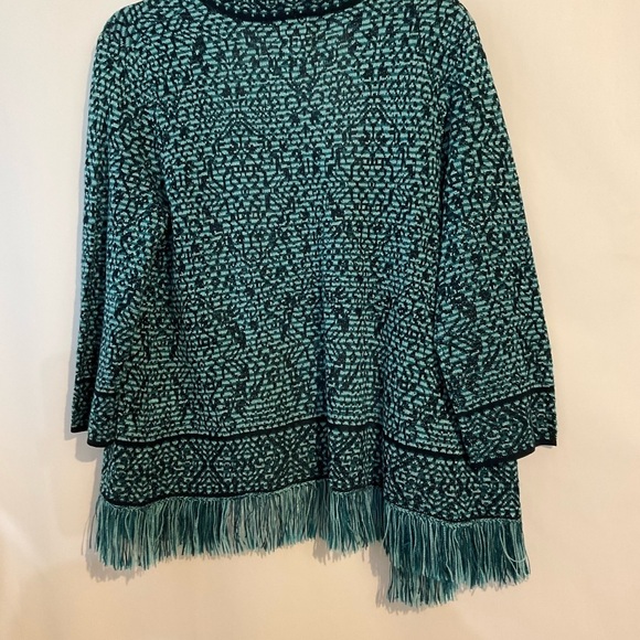 Ruby Rd. petite Sweater PL Cardigan Teal Navy Patterned Open Front Fringe Hem - Picture 3 of 7